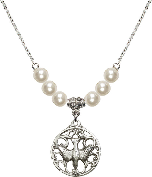Sterling Silver Holy Spirit Birthstone Necklace with Faux-Pearl Beads - 5655