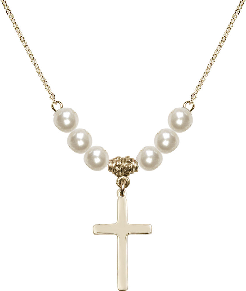 14kt Gold Filled Cross Birthstone Necklace with Faux-Pearl Beads - 5670