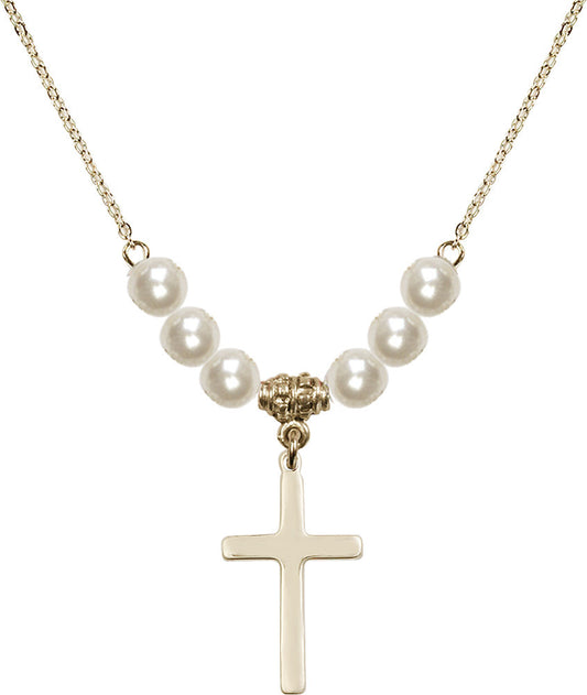 14kt Gold Filled Cross Birthstone Necklace with Faux-Pearl Beads - 5670