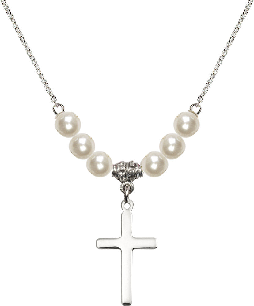 Sterling Silver Cross Birthstone Necklace with Faux-Pearl Beads - 5670