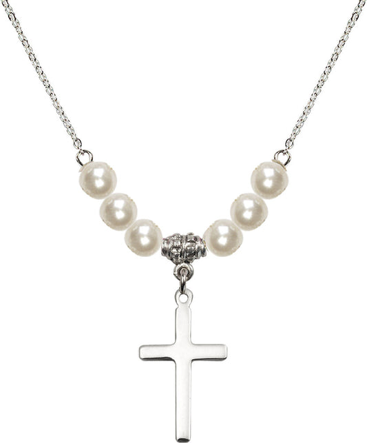 Sterling Silver Cross Birthstone Necklace with Faux-Pearl Beads - 5670