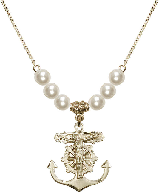 14kt Gold Filled Anchor Crucifix Birthstone Necklace with Faux-Pearl Beads - 5685