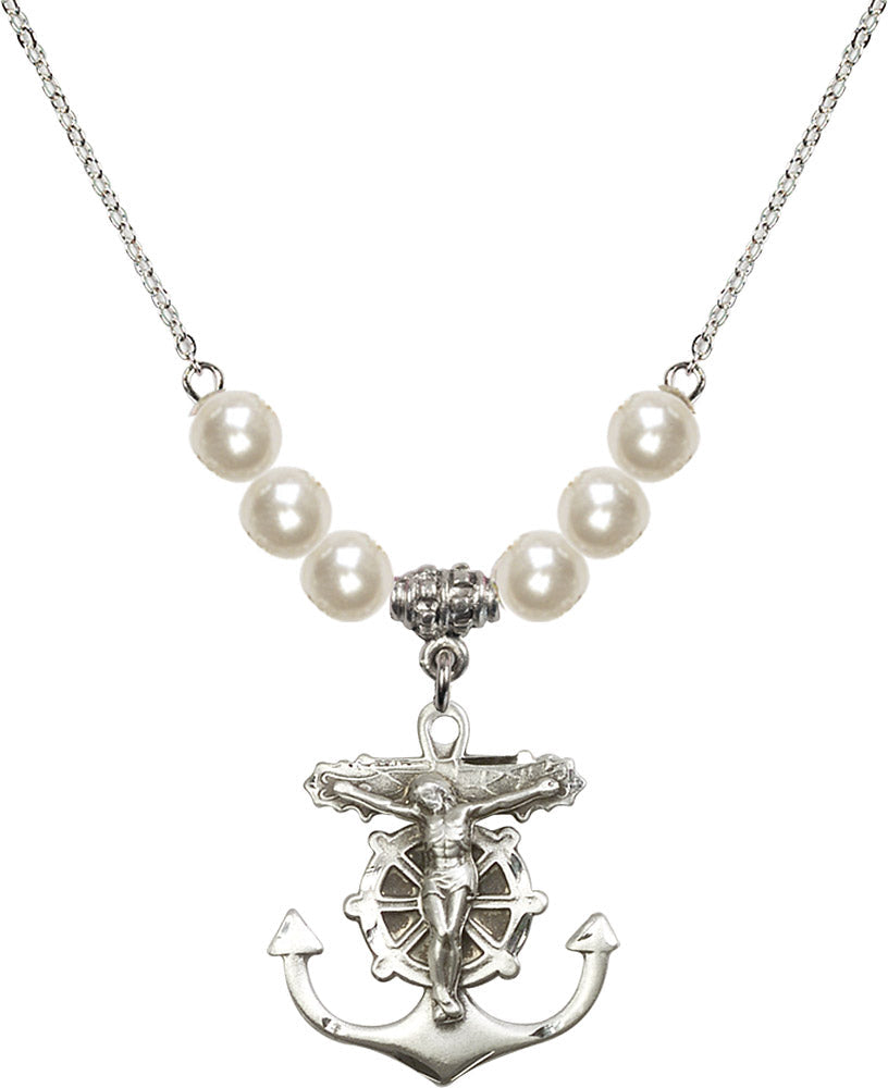 Sterling Silver Anchor Crucifix Birthstone Necklace with Faux-Pearl Beads - 5685