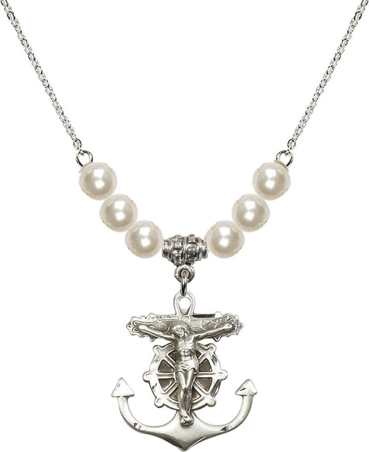 Sterling Silver Anchor Crucifix Birthstone Necklace with Faux-Pearl Beads - 5685