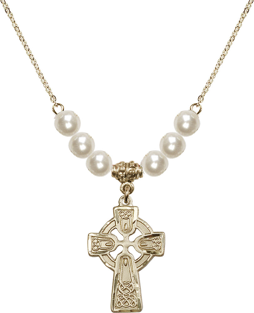 14kt Gold Filled Celtic Cross Birthstone Necklace with Faux-Pearl Beads - 5689