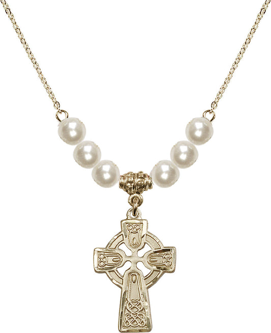 14kt Gold Filled Celtic Cross Birthstone Necklace with Faux-Pearl Beads - 5689