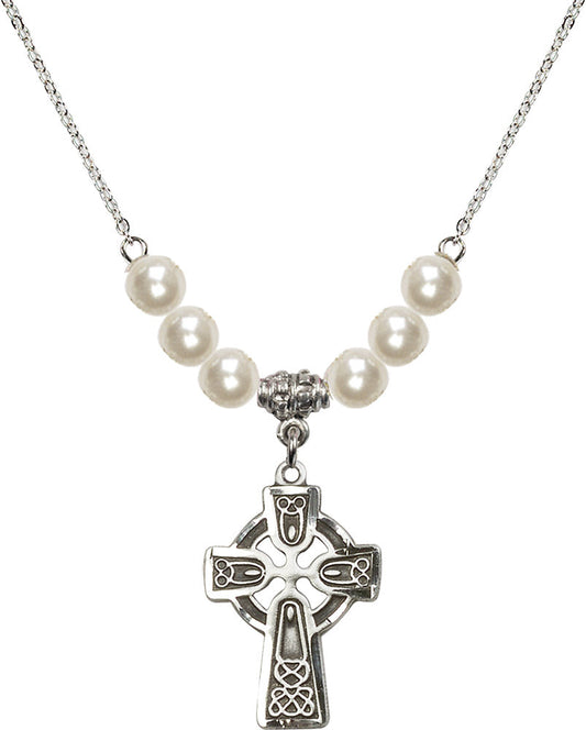 Sterling Silver Celtic Cross Birthstone Necklace with Faux-Pearl Beads - 5689
