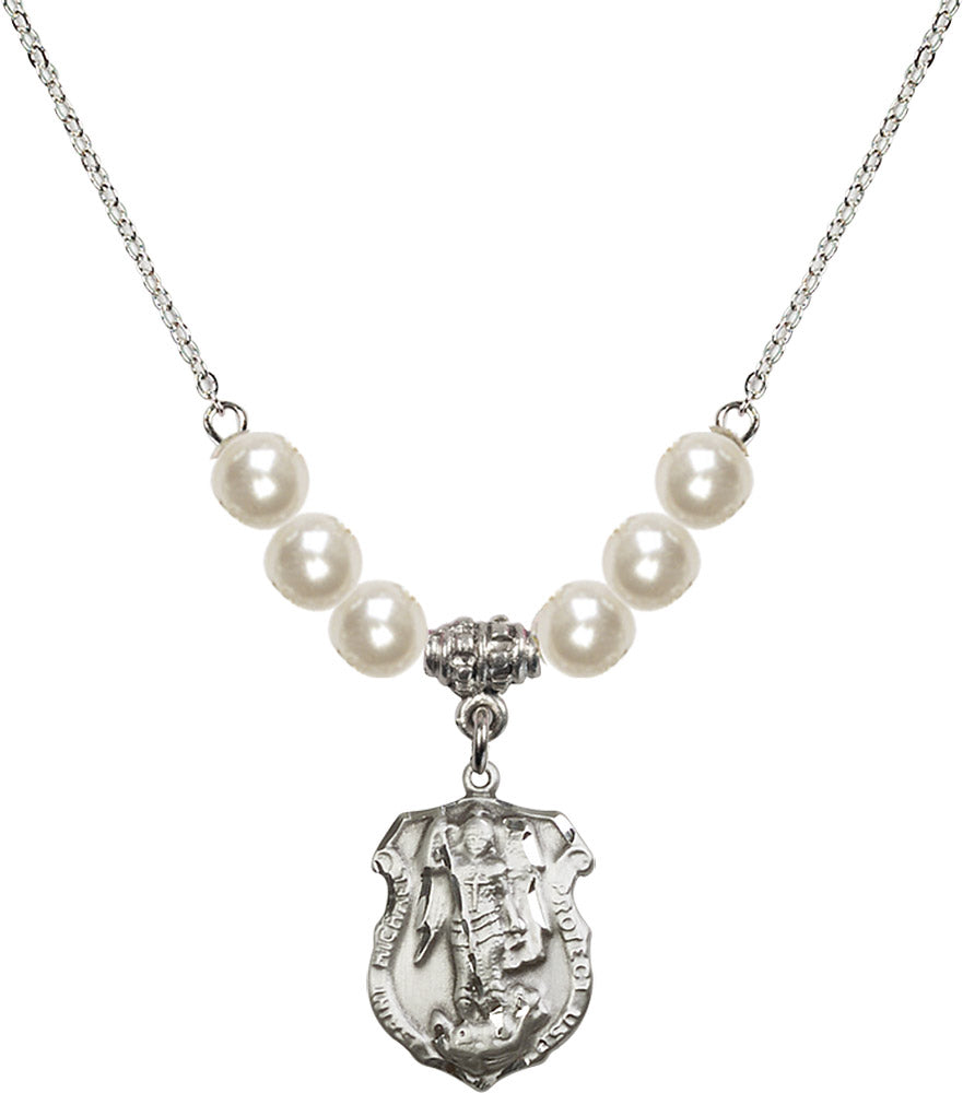 Sterling Silver Saint Michael the Archangel Birthstone Necklace with Faux-Pearl Beads - 5692