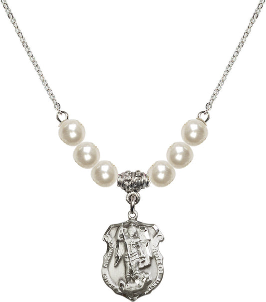 Sterling Silver Saint Michael the Archangel Birthstone Necklace with Faux-Pearl Beads - 5692