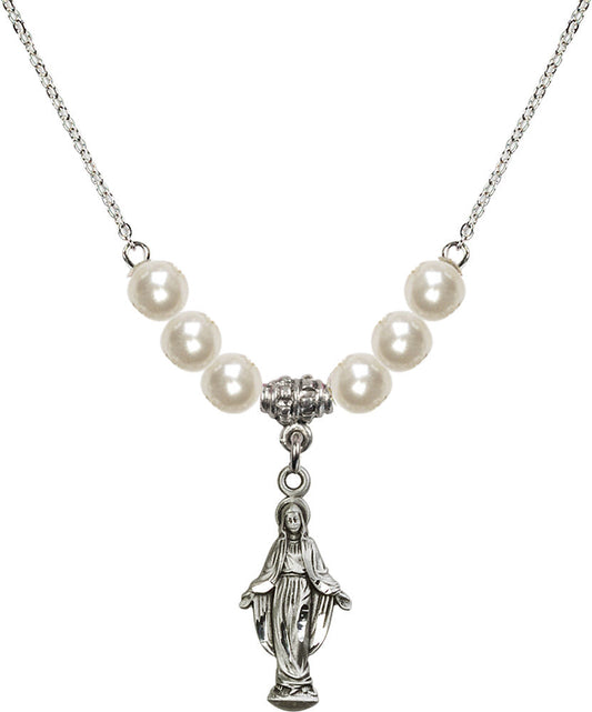 Sterling Silver Miraculous Birthstone Necklace with Faux-Pearl Beads - 5900