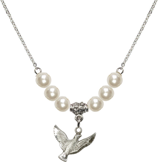 Sterling Silver Holy Spirit Birthstone Necklace with Faux-Pearl Beads - 5912