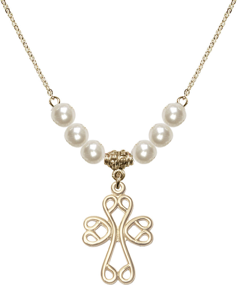 14kt Gold Filled Scroll Cross Birthstone Necklace with Faux-Pearl Beads - 5998