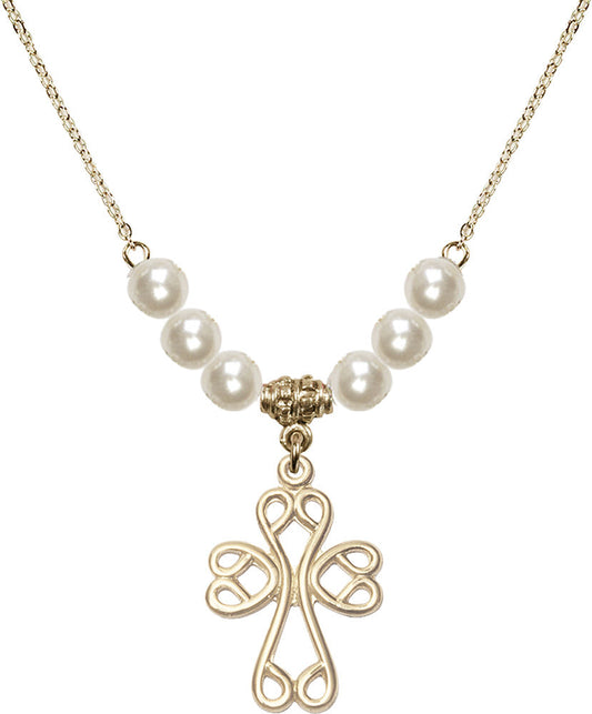 14kt Gold Filled Scroll Cross Birthstone Necklace with Faux-Pearl Beads - 5998