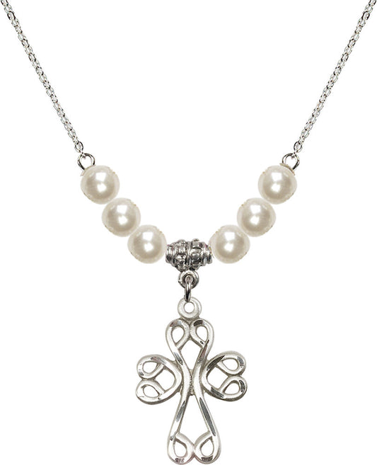 Sterling Silver Scroll Cross Birthstone Necklace with Faux-Pearl Beads - 5998
