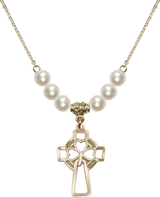 14kt Gold Filled Shamrock Cross Birthstone Necklace with Faux-Pearl Beads - 5999