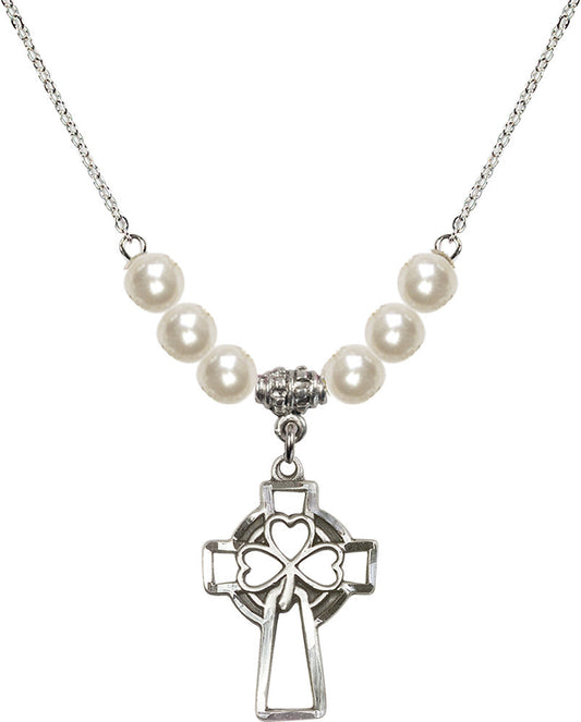 Sterling Silver Shamrock Cross Birthstone Necklace with Faux-Pearl Beads - 5999