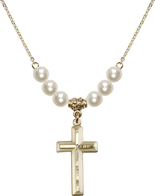 14kt Gold Filled Cross Birthstone Necklace with Faux-Pearl Beads - 6000