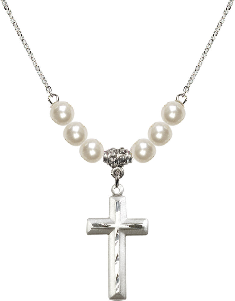 Sterling Silver Cross Birthstone Necklace with Faux-Pearl Beads - 6000