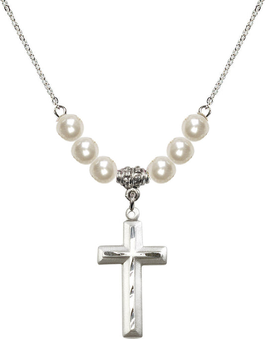 Sterling Silver Cross Birthstone Necklace with Faux-Pearl Beads - 6000