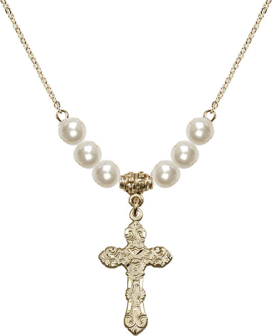14kt Gold Filled Cross Birthstone Necklace with Faux-Pearl Beads - 6001