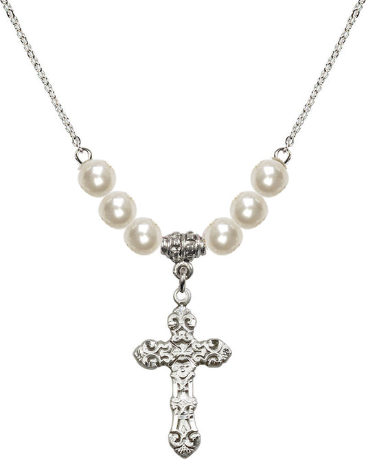Sterling Silver Cross Birthstone Necklace with Faux-Pearl Beads - 6001