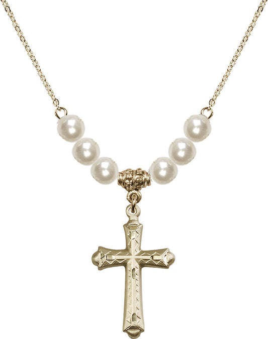 14kt Gold Filled Cross Birthstone Necklace with Faux-Pearl Beads - 6007