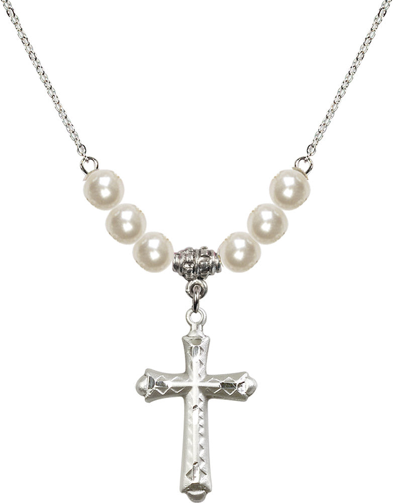 Sterling Silver Cross Birthstone Necklace with Faux-Pearl Beads - 6007