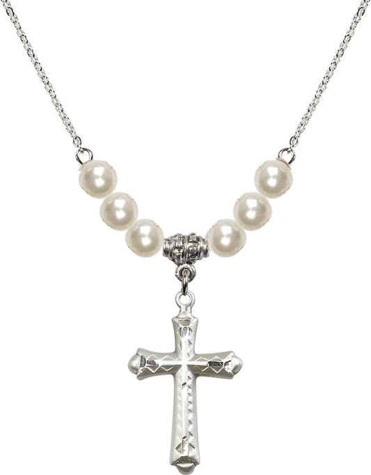 Sterling Silver Cross Birthstone Necklace with Faux-Pearl Beads - 6007