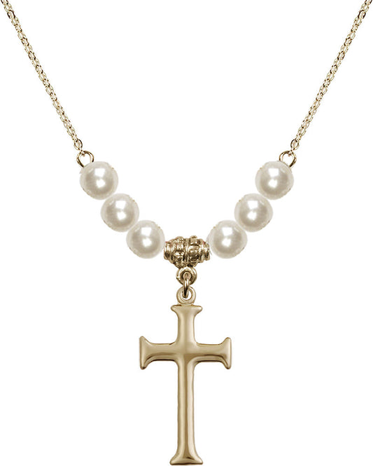 14kt Gold Filled Cross Birthstone Necklace with Faux-Pearl Beads - 6008