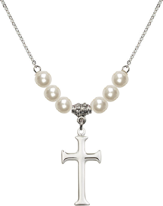Sterling Silver Cross Birthstone Necklace with Faux-Pearl Beads - 6008