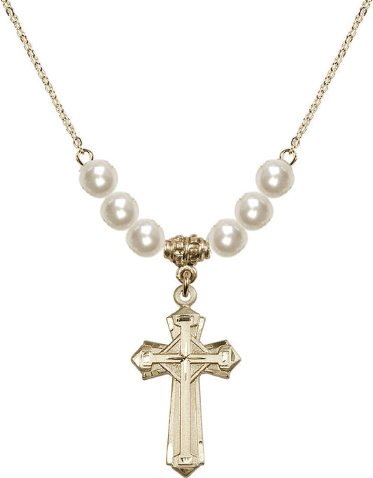 14kt Gold Filled Cross Birthstone Necklace with Faux-Pearl Beads - 6012