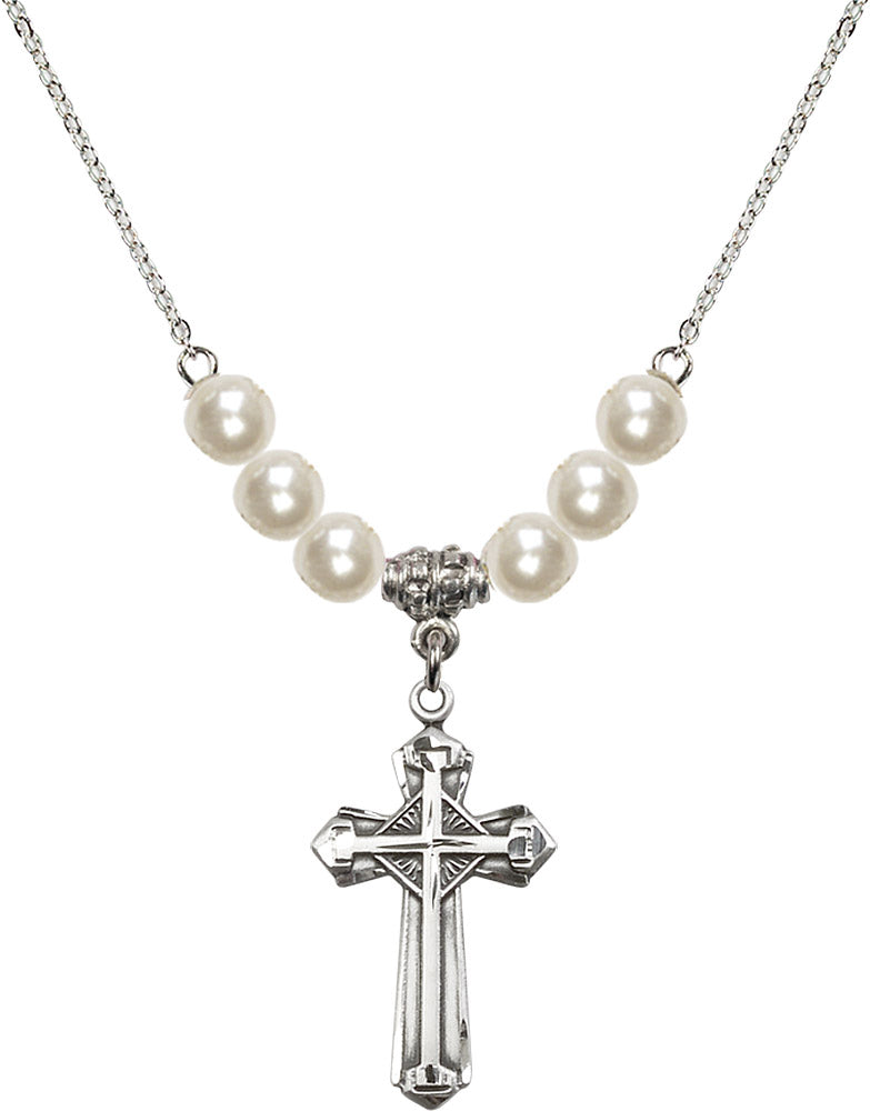 Sterling Silver Cross Birthstone Necklace with Faux-Pearl Beads - 6012