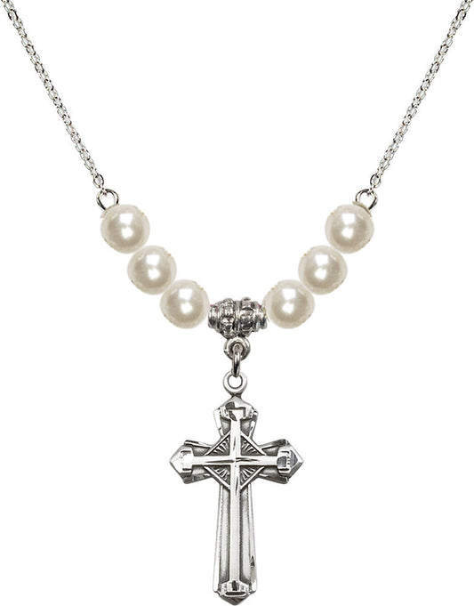 Sterling Silver Cross Birthstone Necklace with Faux-Pearl Beads - 6012