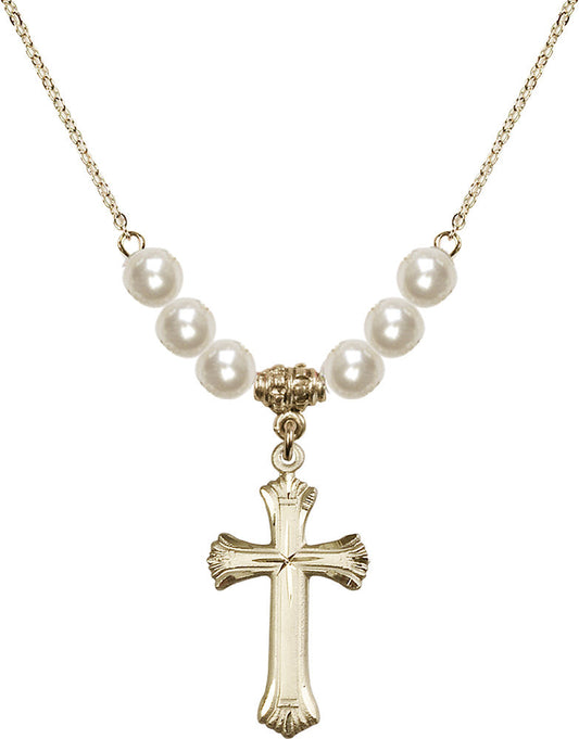 14kt Gold Filled Cross Birthstone Necklace with Faux-Pearl Beads - 6013