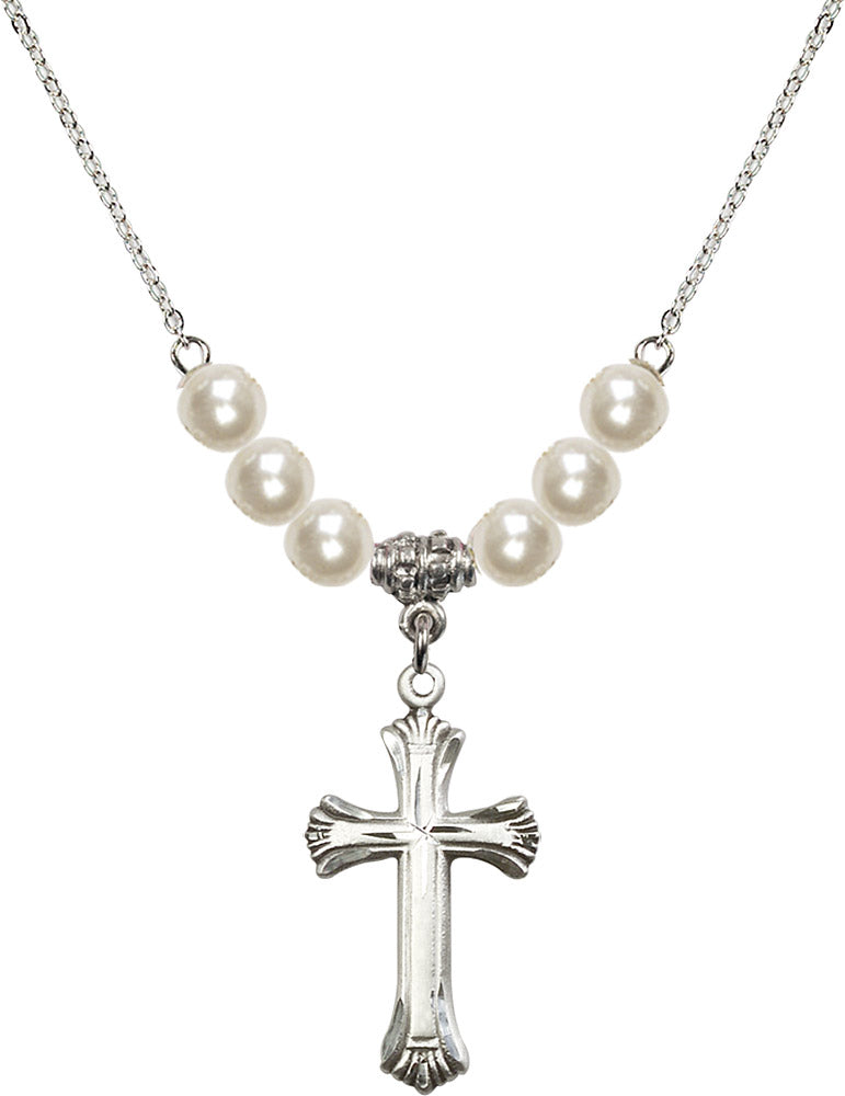Sterling Silver Cross Birthstone Necklace with Faux-Pearl Beads - 6013