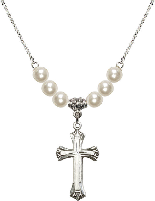 Sterling Silver Cross Birthstone Necklace with Faux-Pearl Beads - 6013