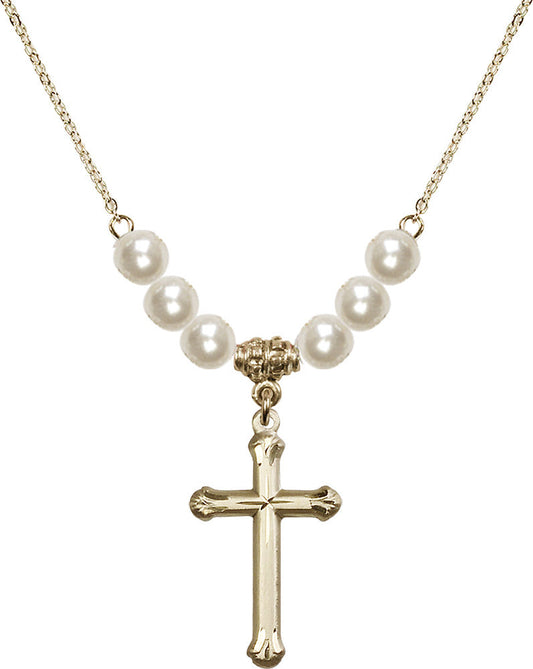 14kt Gold Filled Cross Birthstone Necklace with Faux-Pearl Beads - 6022