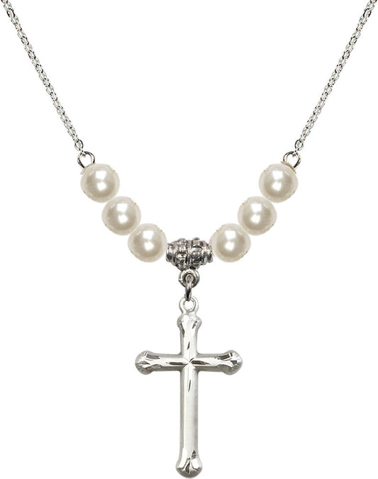 Sterling Silver Cross Birthstone Necklace with Faux-Pearl Beads - 6022
