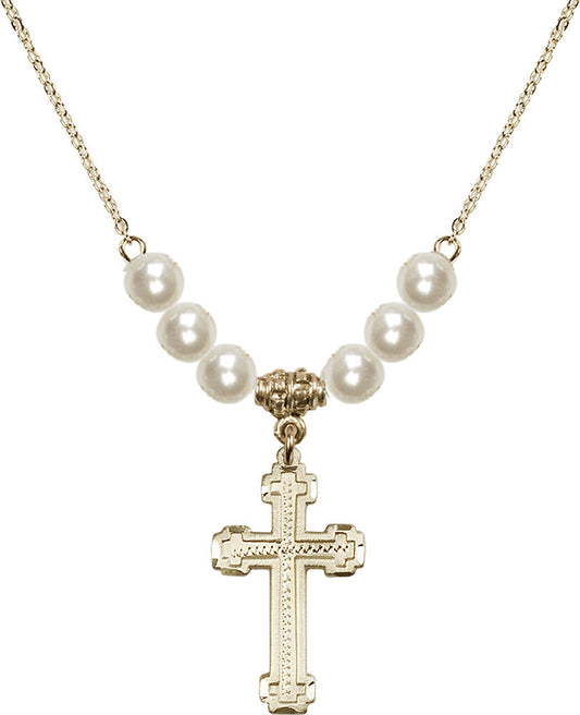 14kt Gold Filled Cross Birthstone Necklace with Faux-Pearl Beads - 6039