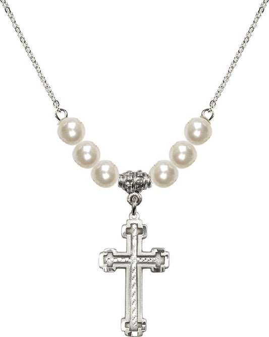 Sterling Silver Cross Birthstone Necklace with Faux-Pearl Beads - 6039
