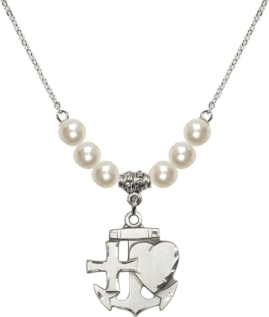 Sterling Silver Faith, Hope & Charity Birthstone Necklace with Faux-Pearl Beads - 6045