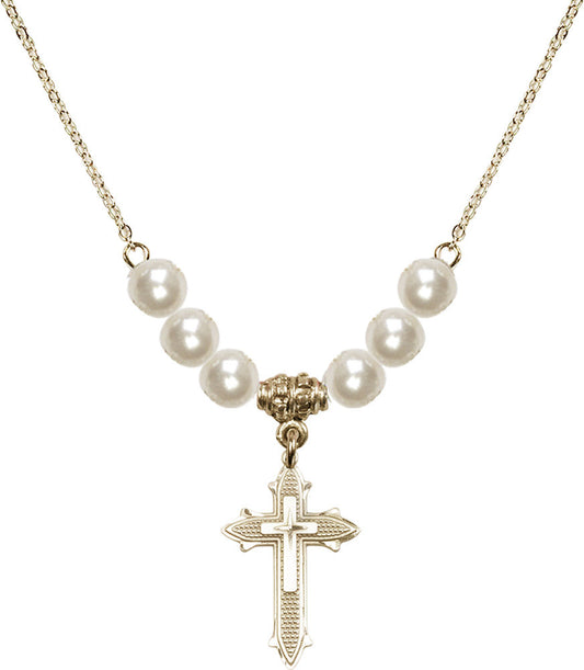 14kt Gold Filled Cross on Cross Birthstone Necklace with Faux-Pearl Beads - 6058