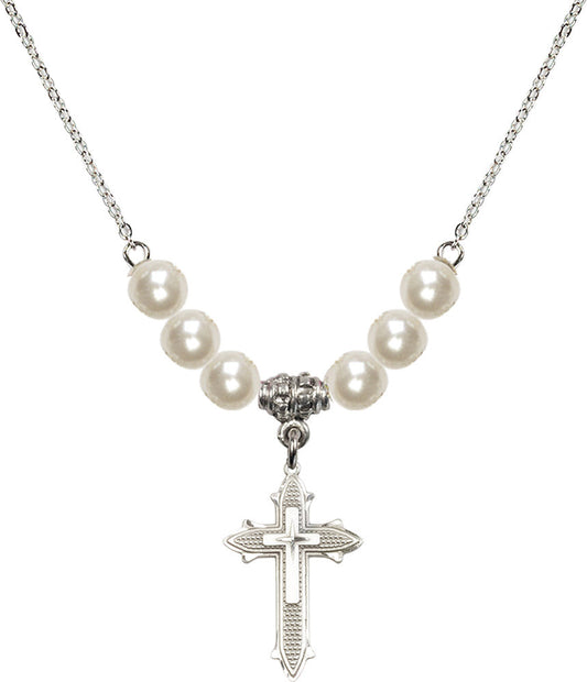 Sterling Silver Cross on Cross Birthstone Necklace with Faux-Pearl Beads - 6058