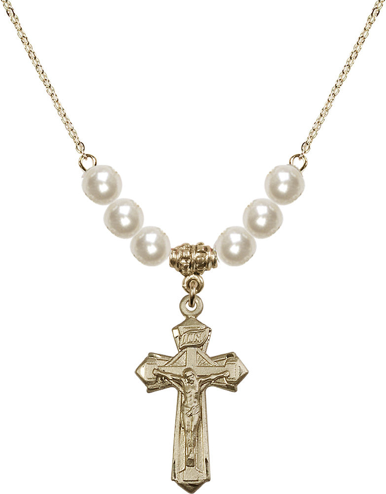 14kt Gold Filled Crucifix Birthstone Necklace with Faux-Pearl Beads - 6092