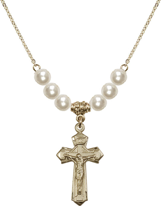 14kt Gold Filled Crucifix Birthstone Necklace with Faux-Pearl Beads - 6092