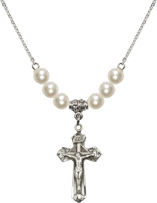 Sterling Silver Crucifix Birthstone Necklace with Faux-Pearl Beads - 6092