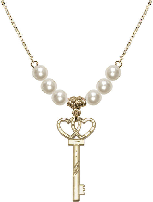 14kt Gold Filled Small Key w/Double Hearts Birthstone Necklace with Faux-Pearl Beads - 6213