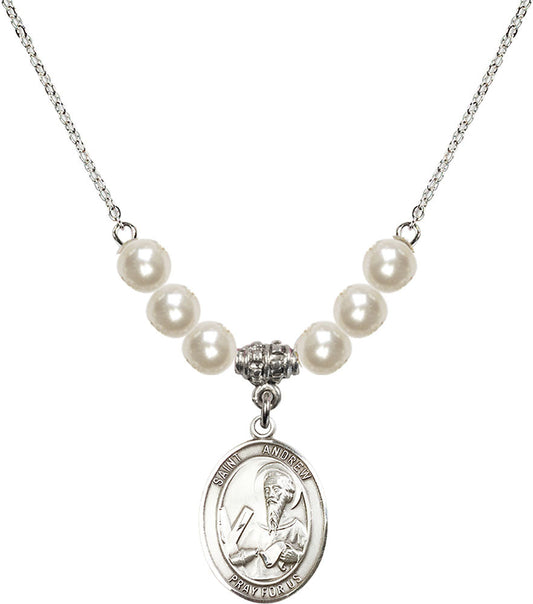 Sterling Silver Saint Andrew the Apostle Birthstone Necklace with Faux-Pearl Beads - 8000