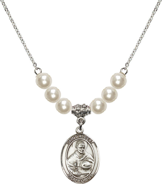 Sterling Silver Saint Albert the Great Birthstone Necklace with Faux-Pearl Beads - 8001