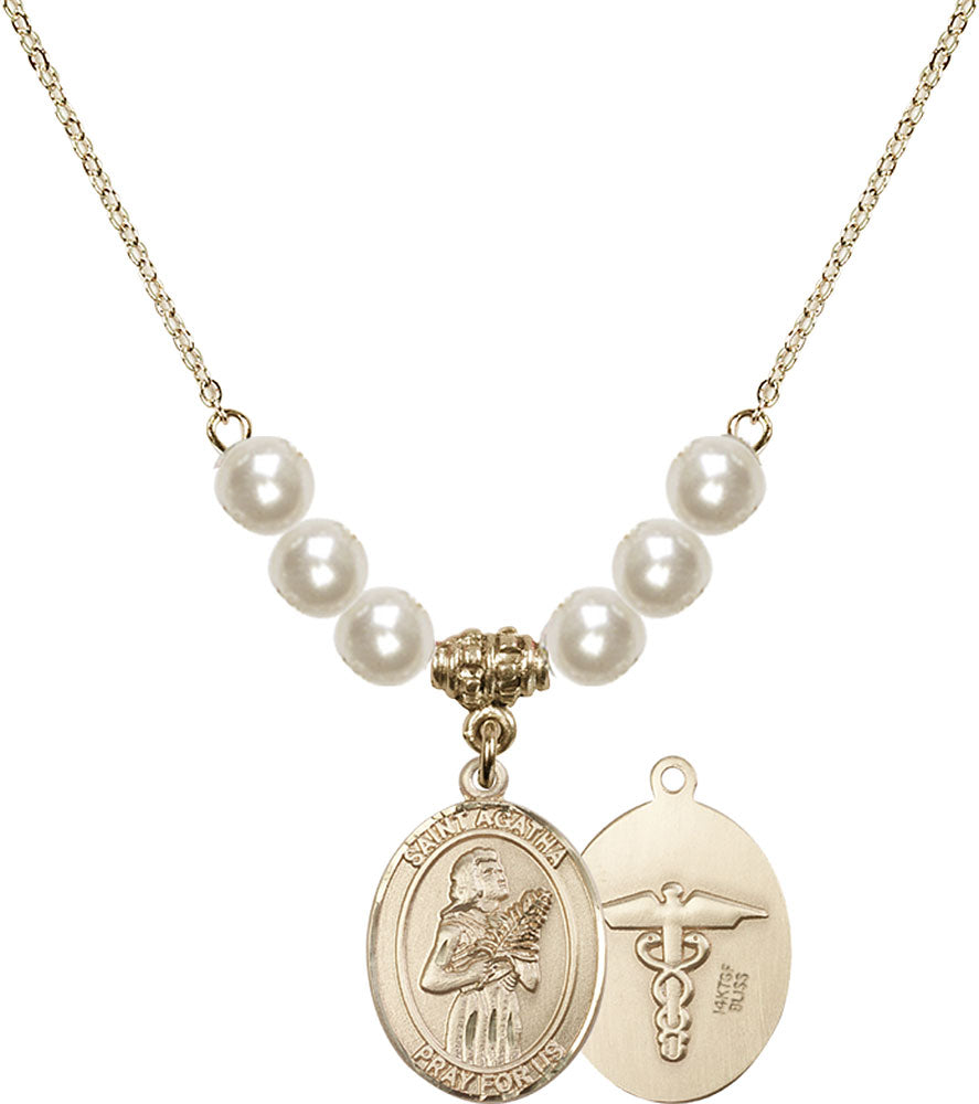 14kt Gold Filled Saint Agatha / Nurse Birthstone Necklace with Faux-Pearl Beads - 8003